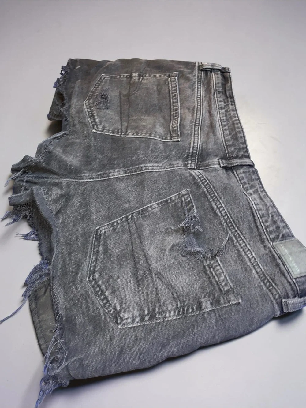 American Eagle Distressed Black Denim Shorts with Crochet Patchwork Trim sz 16